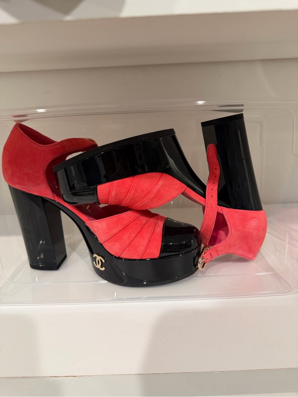 CHANEL Coral Pink Suede Platform Sandals with Black Patent Trim
